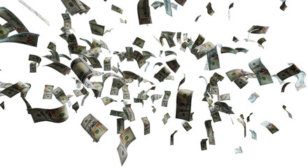 Money rain, dollar banknotes fly. Isolated on transparent background