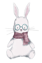 Fototapeta na wymiar hand drawn cute cartoon rabbit with glasses, funny hare with glasses