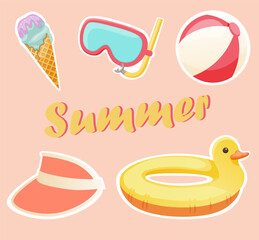 Beach stuff for summer travel set. Sea holidays accessories. Rubber ring, glasses, ball, visor hat, ice cream.