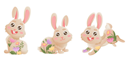 Rabbits character design with beautiful blossom flowers on silhouettes. Mid Autumn Festival, year of the Rabbit