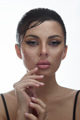 Beauty face woman makeup rhinestones lips. Contrasting portrait of a beautiful woman, wet hair styling. Clean facial skin - obrazy, fototapety, plakaty