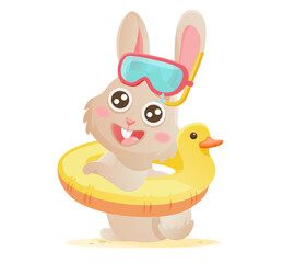 Bunny character on beach. Cute rabbit sitting in rubber ring, swimming glasses.