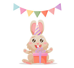 Cute cartoon bunny character. Happy birthday greeting card. Birthday presents, rabbit.