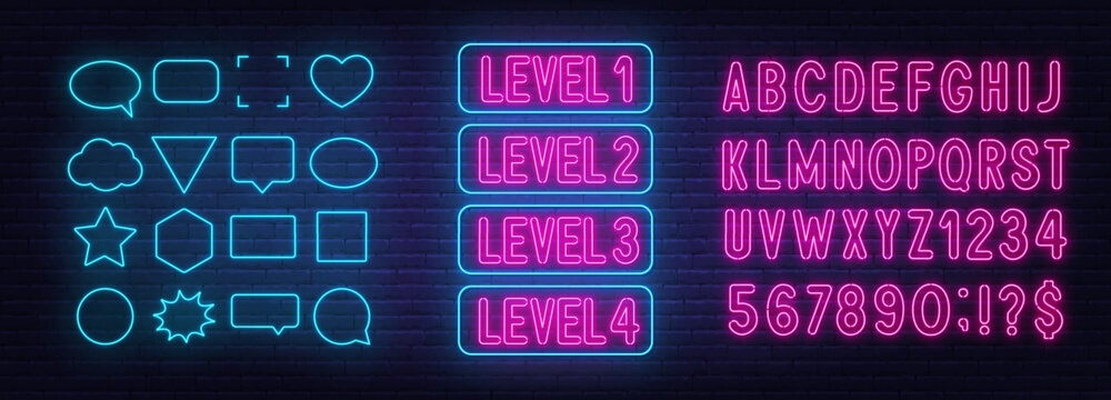 Level 1,2,3,4 neon sign on brick wall background.