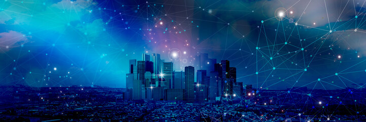 都会の高層ビル群とビジネスネットワーク網 © skyhigh.ring