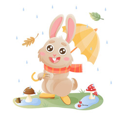 Autumn bunny character. Cute cartoon rabbit walking in autumn forest. Umbrella, autumn leaves, acorns, fly agaric