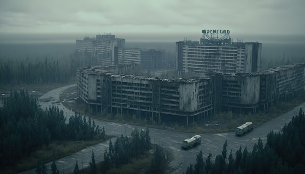 Pripyat, Soviet Union, aerial view, dystopia, dramatic, mist, dense forest, dark moody, after rain, dirty road, Cinematic shot + photos taken by ARRI