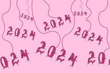 Viva magenta banner with mascot numbers 2024 new year on pink background. Big horizontal banner with smile number.