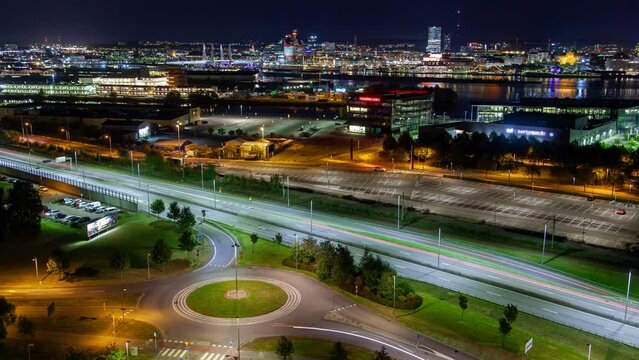 Gothenburg urban cityscape with traffic, skyline night illumination timelapse