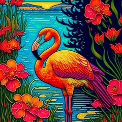 Pattern with flamingo, colorful flowers, hills and sea. Created with Generative AI technology