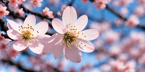 Cherry blossom flowers against a blue sky, spring background. Generative AI