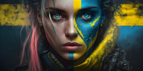 portrait of a woman with painted flag, a beautiful woman with Ukrainian flag, cyberpunk, 8K, generative AI