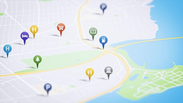 Smartphone App Map With Shopping Pins/ 4k animation of an app screen of traveling city map background with shopping icons and pins appearing