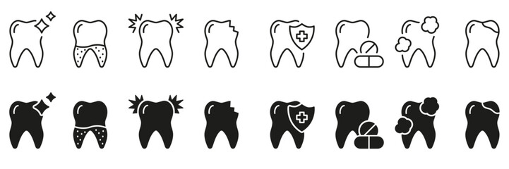Dental Care Silhouette and Line Icon Set. Toothache Diagnostic Linear and Glyph Pictogram. Orthodontic Disease. Dentistry Symbol. Dental Treatment Sign. Editable Stroke. Isolated Vector Illustration
