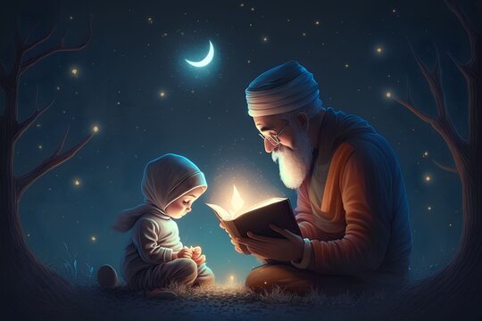 muslim father teach his son reading quran at night, Generative AI