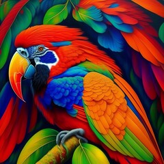 Obraz premium Beautiful colorful macaw perched on a branch, created with Generative AI technology