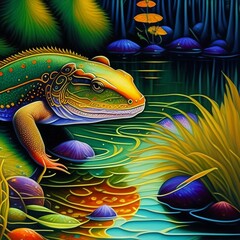 Obraz na płótnie Canvas Salamander on a green grass on the river bank, created with Generative AI technology