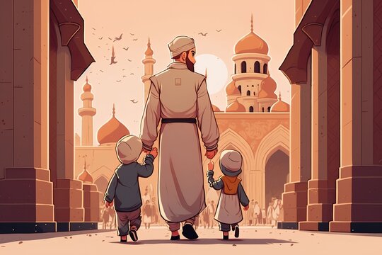 father and kids walking to the mosque illustration chibi art, Generative AI