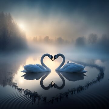Photo of a foggy lake with a gliding Swans forming love heart through the water against a blur background. AI generated illustration