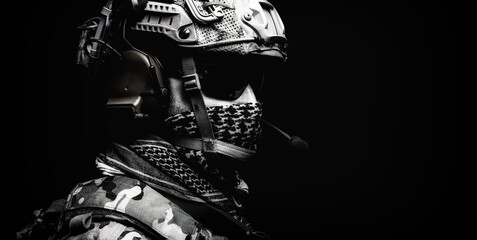 Modern army special forces equipped soldier, anti terrorist squad fighter, elite mercenary in...