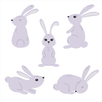 Cute gray rabbits cartoon collection. Hand drawn animals hares set. Rabbit sits, sleeps, jumps. Isolated rabbit clip art, vector illustration