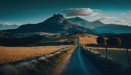 El Camino de Santiago, Pyrenees landscape, mountain passes, golden hour photography, beautifully color graded, mist, deep blue sky, volumetric lighting, volumetric clouds, summer, polarizing filter