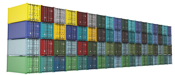 Wall of shipping containers. Multicolored containers isolated on white. Warehouse containers arranged in row. Tare for automotive or marine logistics. Tare for transportation and storage. 3d image.
