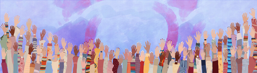 Many raised hands and arms of multicultural women. International Women’s day. Equality Allyship. Female social community of diverse culture. Empowerment or inclusive. Banner copy space