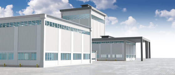 Building of modern factory. Plant area with blue sky. Industrial building concept. Factory hangars with windows. Exterior of industrial factory. Architecture, construction. 3d rendering.