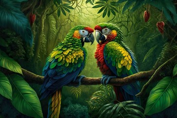 Tropical Jungle Rainforest with  two Parrots love moment and green nature, AI Generative Illustration