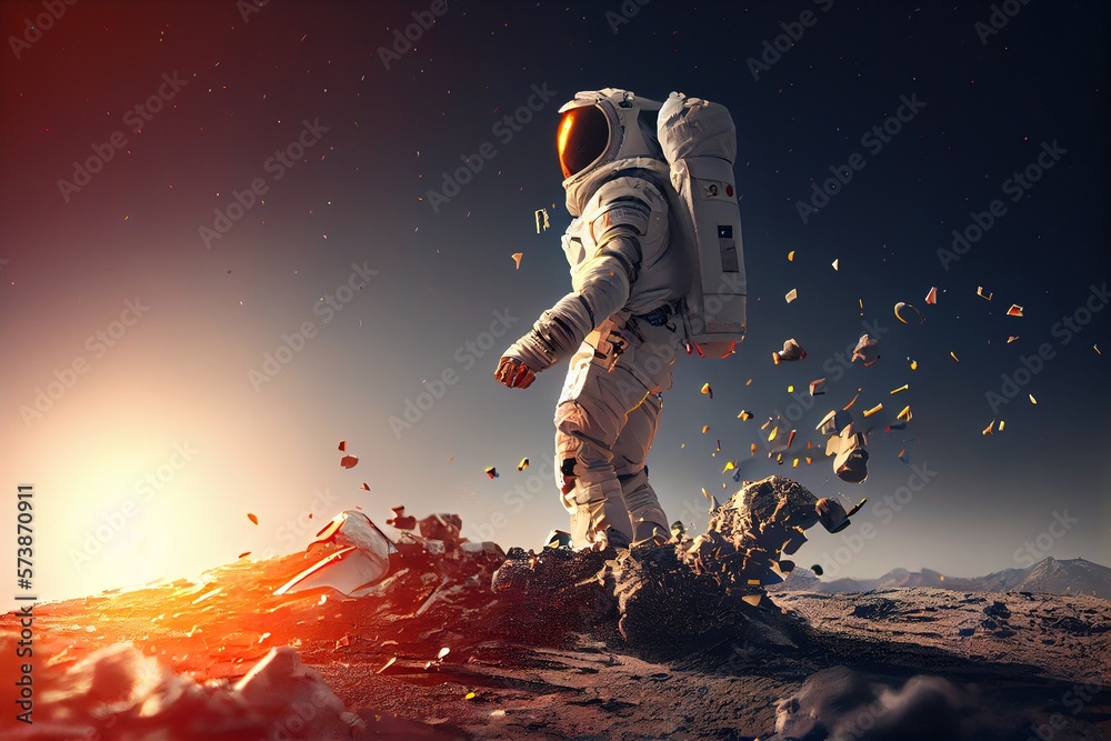 Fototapete A man in a space suit walking on a rocky surface with a bright sun in the background redshift render an ambient occlusion render space art