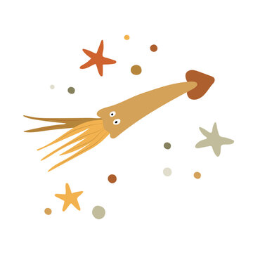 recommend clip art: Squid with starfish and pebbles on a white background. Children's marine clip-art