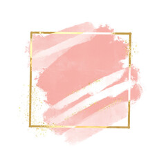 Pastel rose or pink watercolor brush stroke splash with luxury golden square or circle frame and glitter gold lines round contour frame for banner or logo wedding elements, png file
