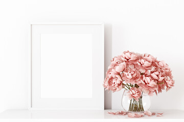 Mockup frame white and vase with flowers, 3D rendering