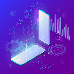 Abstract isometric background in blue-violet colors with two phones and hi-tech design elements