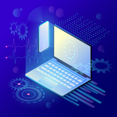 Abstract gradient background in blue colors with laptop and phone in isometric with hi-tech design elements