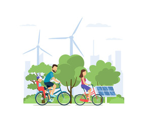 A family rides bicycles against the backdrop of a modern city that uses carbon-free energy. Vector illustration.