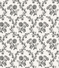 Seamless pattern. Beautiful blooming realistic isolated flowers. Vintage background. Set Clover Bluebells Heliotrope wildflowers. Damascus Wallpaper. Drawing engraving. Vector victorian Illustration