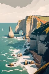 Spectacular natural cliffs Aval of Etretat and beautiful famous coastline, Normandy, France, Europe Generative AI - obrazy, fototapety, plakaty