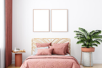 Mock up frame in bedroom, White wall, Two blank frame, 3D rendering