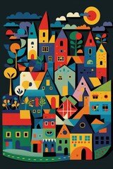 Abstract European village with colorful old houses, cute vintage buildings, artwork in cubism style. Generative AI