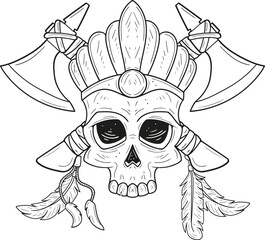 Hand drawn human skull with axes. Vector illustration, doodle style. Line art. Tattoo sketch.
