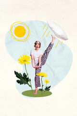 Vertical collage art of young carefree crazy girl kick leg pillow stretching good morning overjoyed...