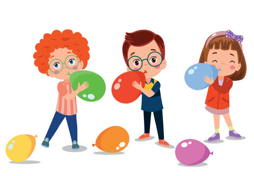 little kid standing and blowing a balloon