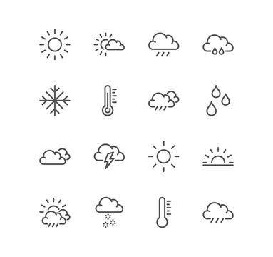 Set of weather related icons, wind, blizzard, sun, rain, clouds and linear variety vectors.