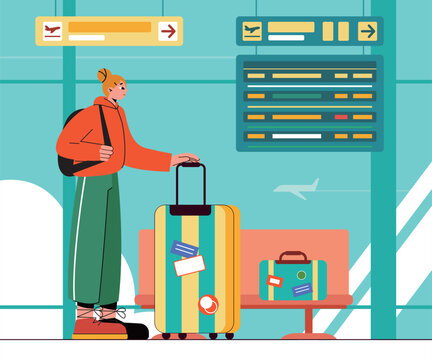 Young Woman With Luggage Waiting Flight At Airport Hall. Girl Traveler Standing In Front Of The Big Glass Window Of Airport Looking At The Flight Information Screen. Flat Style Vector Illustration.