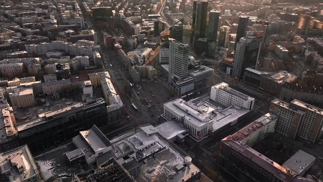 Aerial view of Tallinn business district during sunrise