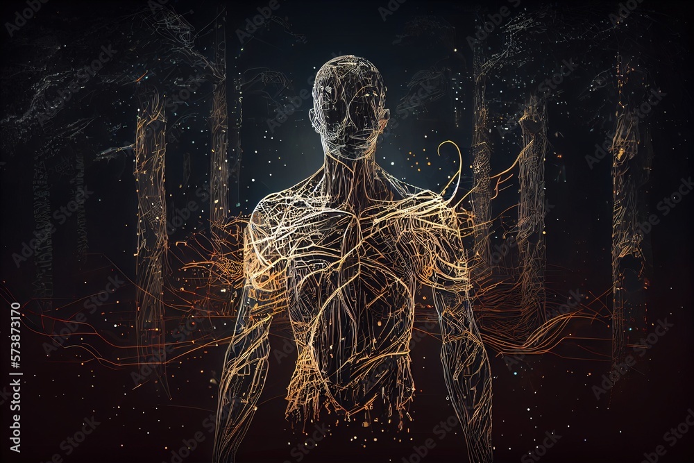 Fototapete a man with a lot of branches in his body in the woods at night time biomechanical computer graphics 