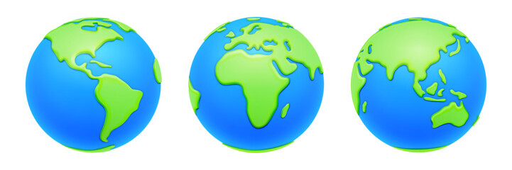 Planet earth globes, geography and traveling. Isolated icons of worldwide view, landscape of lands and oceans, seas and continents. 3d style vector illustration