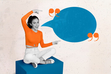 Collage artwork photo of young excited girl advertise pointing finger empty space phrase message...